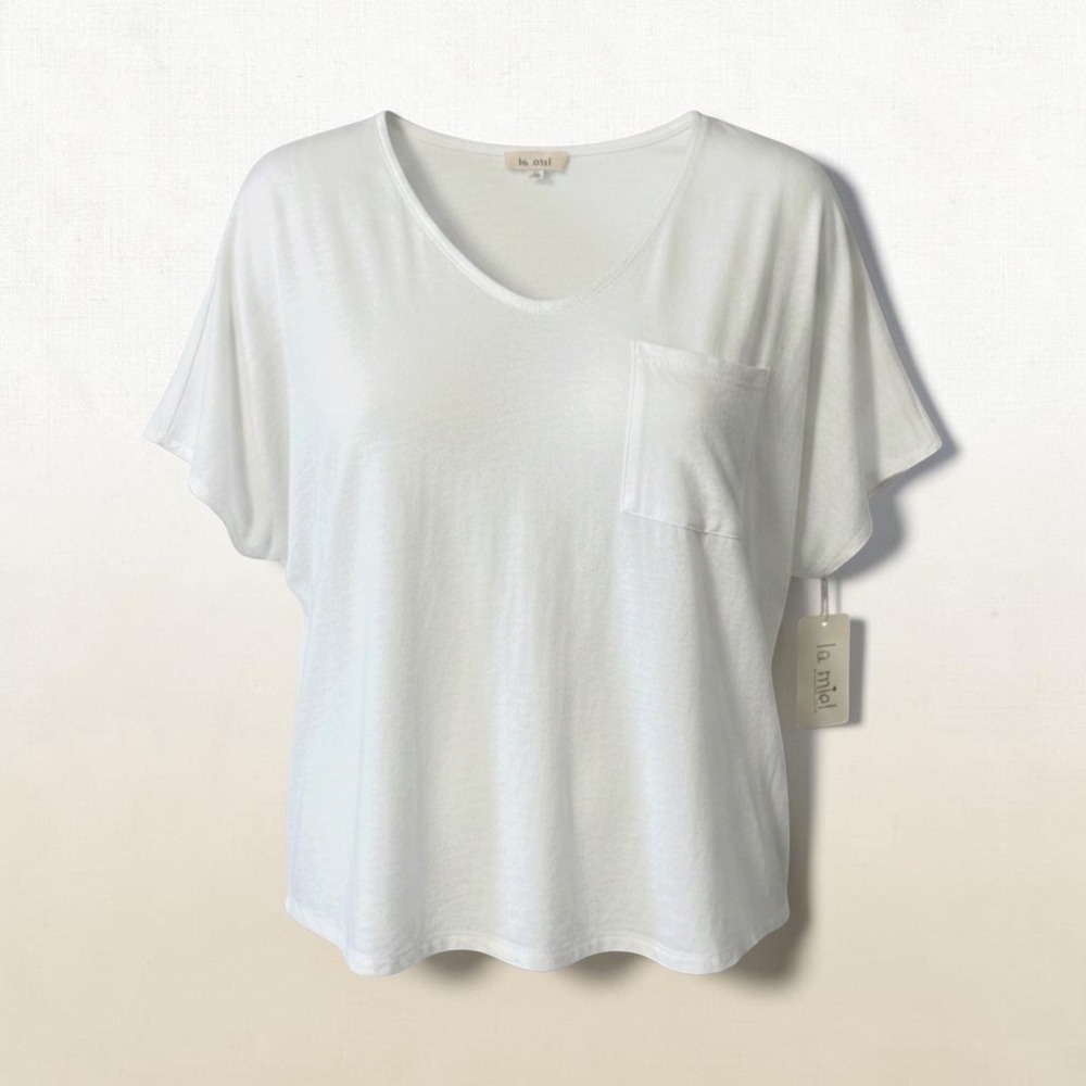 La Miel White Oversized V-Neck Pocket Tee Short Sleeve Textured Top Womens Small